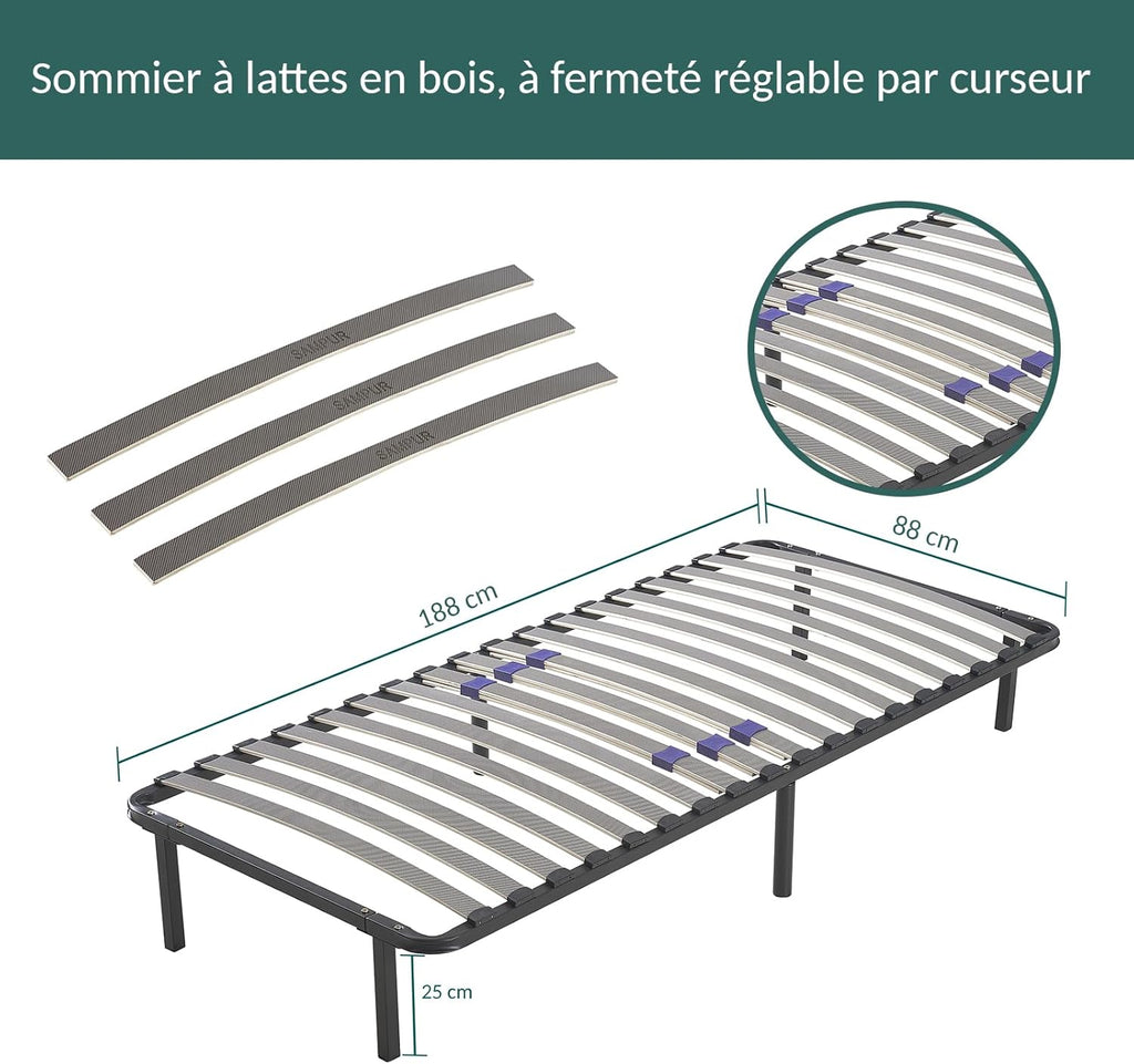SAMPUR - Essential bed base 140 x 200 cm | Durable and comfortable | Feet included | Adjustable slats | Epoxy lacquered metal frame | Quick and easy assembly