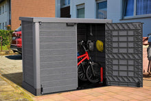 Load image into Gallery viewer, Duramax StoreAway 1200L Plastic Garden Shed/ Flat Lid, Outdoor Storage Shed, Wheelie Bin Hideaways, Wheelie bin box, Durable Construction, Ideal for Bikes, BBQs &amp; 2x 240L Bins, 145x85x125 cm, Brown
