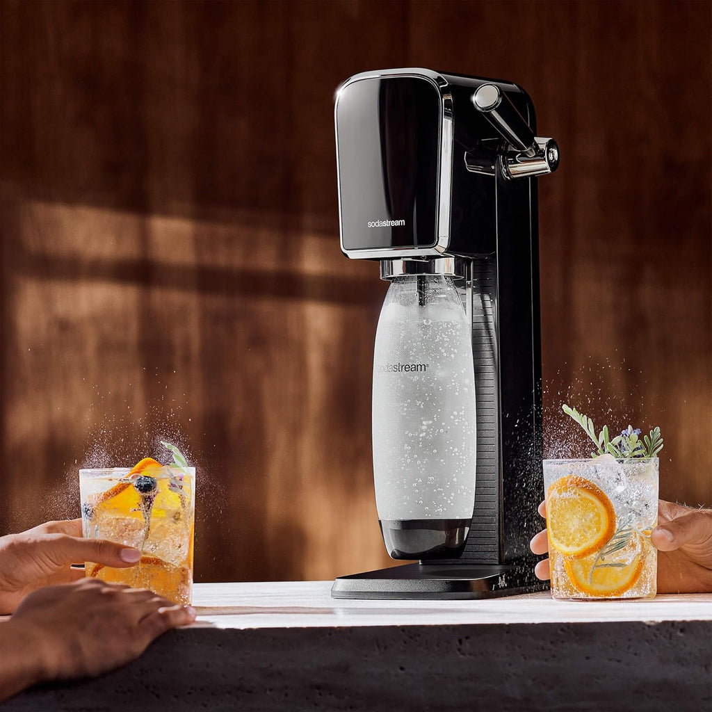 SodaStream ART Sparkling Water and Soda Machine | Pack of 1 Bottle 1 L + 1 Bottle 0.5 L Dishwasher Safe + 1 60L Gas Refill Clip On | Black [Amazon Exclusive]