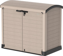 Load image into Gallery viewer, Duramax StoreAway 1200L Plastic Garden Shed/ Flat Lid, Outdoor Storage Shed, Wheelie Bin Hideaways, Wheelie bin box, Durable Construction, Ideal for Bikes, BBQs &amp; 2x 240L Bins, 145x85x125 cm, Brown