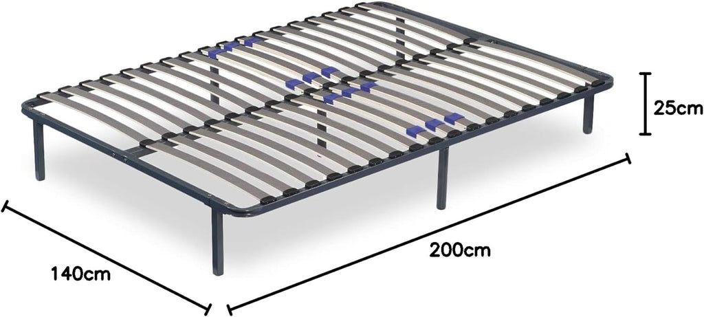 SAMPUR - Essential bed base 140 x 200 cm | Durable and comfortable | Feet included | Adjustable slats | Epoxy lacquered metal frame | Quick and easy assembly