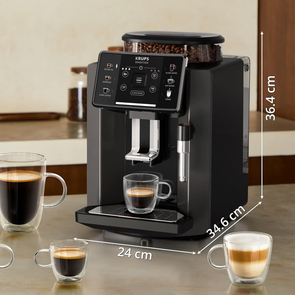 Krups Sensation C50, Machine à café grains, machine expresso, 5 boissons accès direct, Interface tactile, Facile à utiliser, Nettoyage automatique, Buse vapeur Cappuccino, Fabriqué en France EA910810