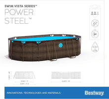 Load image into Gallery viewer, Bestway 56946 Piscine Power Steel™ Swim Vista ovale 488 x 305 x 107 cm motif rotin avec hublots, filtration à sable, échelle, bâche et diffuseur Chemconnect™