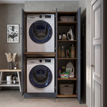 Load image into Gallery viewer, ROOMART Dora - Armoire de machine à laver - Pour sèche-linge et machine à laver - En 4 couleurs - Avec portes et panneau coulissant - Blanc - Chêne blanc - Chêne anthracite - Chêne blanc (chêne blanc)