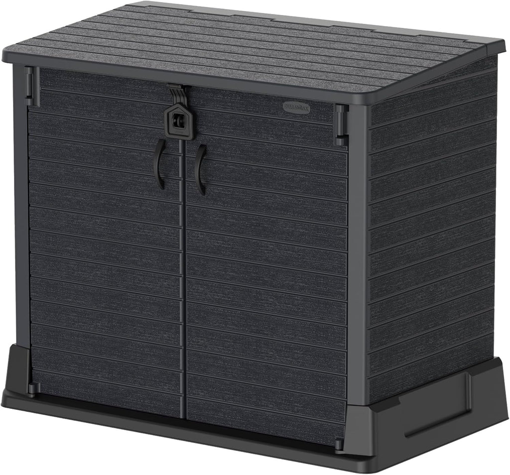 Duramax StoreAway 1200L Plastic Garden Shed/ Flat Lid, Outdoor Storage Shed, Wheelie Bin Hideaways, Wheelie bin box, Durable Construction, Ideal for Bikes, BBQs & 2x 240L Bins, 145x85x125 cm, Brown