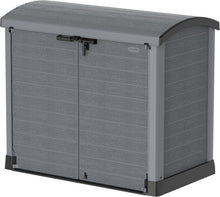 Load image into Gallery viewer, Duramax StoreAway 1200L Plastic Garden Shed/ Flat Lid, Outdoor Storage Shed, Wheelie Bin Hideaways, Wheelie bin box, Durable Construction, Ideal for Bikes, BBQs &amp; 2x 240L Bins, 145x85x125 cm, Brown