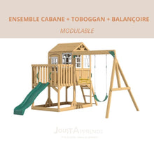 Load image into Gallery viewer, Aire de jeux enfant Montessori - 3 en 1 Balançoire, Toboggan, Cabane en bois modulable