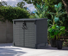 Load image into Gallery viewer, Duramax StoreAway 1200L Plastic Garden Shed/ Flat Lid, Outdoor Storage Shed, Wheelie Bin Hideaways, Wheelie bin box, Durable Construction, Ideal for Bikes, BBQs &amp; 2x 240L Bins, 145x85x125 cm, Brown