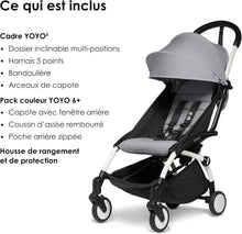 Load image into Gallery viewer, Poussette BABYZEN YOYO2 6+ (Cadre noir + pack couleur Aqua) - Comprend un harnais, un dossier, des arceaux de capote, une bandoulière, un coussin d’assise, et une capote assortie