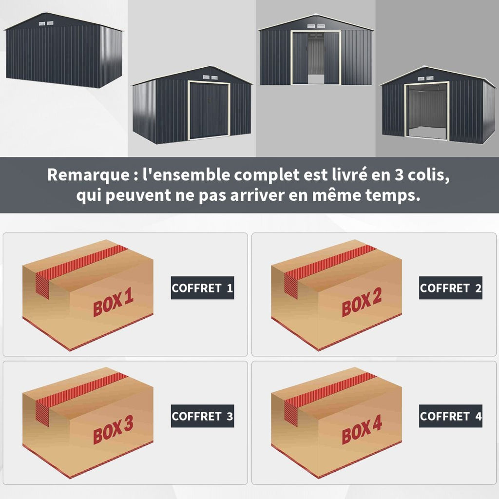 Abri de Jardin en Métal & Extension 10.85㎡ avec 2 Portes Coulissantes Verrouillables 4 Trous d’Aération Gris pour Vélo