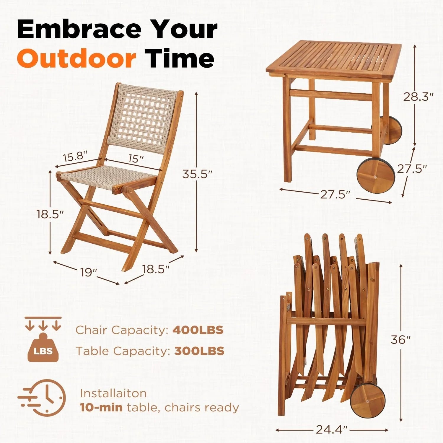 AECOJOY 5 Piece Outdoor Patio Dining Set, Acacia Wood Outdoor Table and Chairs with Wheels