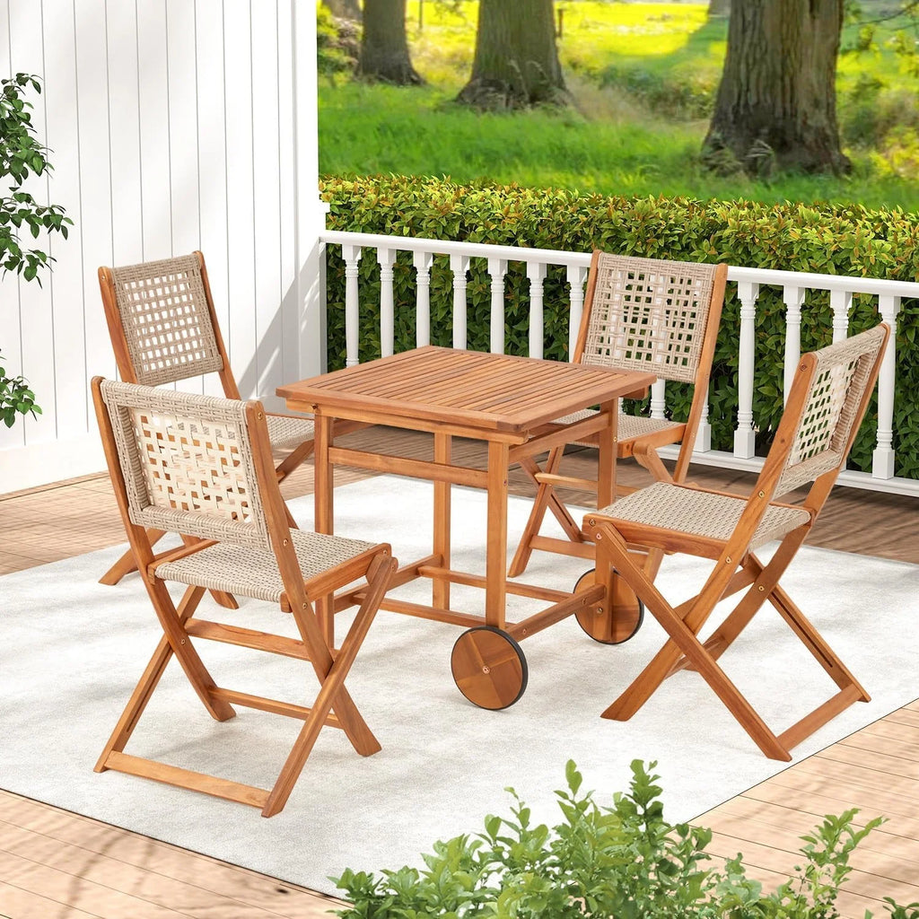 AECOJOY 5 Piece Outdoor Patio Dining Set, Acacia Wood Outdoor Table and Chairs with Wheels